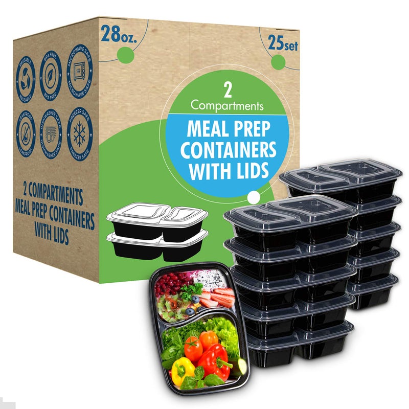 SafeWare Meal Prep Container Reusable 2 Compartment With Lids 28oz (25 Sets)- Food Prep Containers, Food Storage Bento Box | Stackable | Microwave | Dishwasher | Freezer Safe. - Image 1